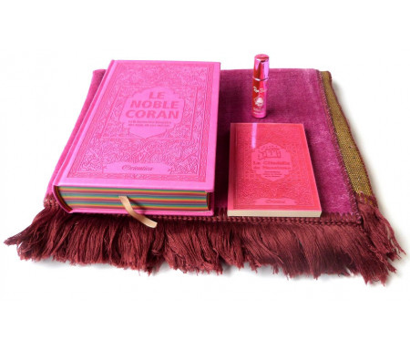 Pack Cadeau Rose : Le Noble Coran Rainbow (Arc-en-ciel) Bilingue français/arabe, La Citadelle du Musulman, Pardum Rose Bulgare et Tapis en velours assorti