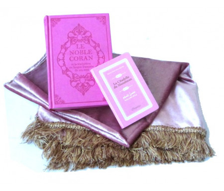 Pack cadeau rose pour femmes : Le Noble Coran (bilingue français/arabe) + La Citadelle du Musulman + Tapis de prière (roses)