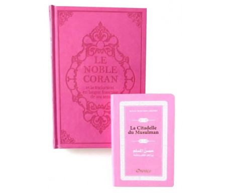 Pack cadeau rose pour femmes : Le Noble Coran (bilingue français/arabe) + La Citadelle du Musulman assortie