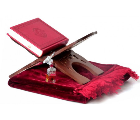 Pack Cadeau Rouge Bordeaux : Le Saint Coran version arabe, Tapis en velours et Porte Coran et Diffuseur de parfum