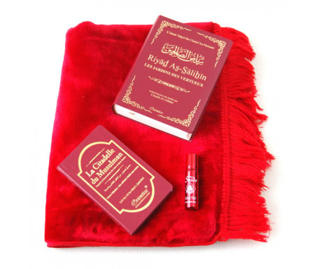 Pack Cadeau Rouge bordeaux : Riyâd As-Sâlihîn (français arabe) + La Citadelle du musulman + Tapis et Parfum de luxe