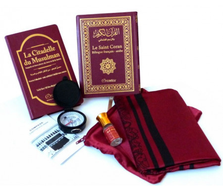 Pack Cadeau rouge-bordeaux : Le Saint Coran Bilingue (arabe-français) + La Citadelle du musulman + Tapis de prière de poche + Parfum "Red Musk"
