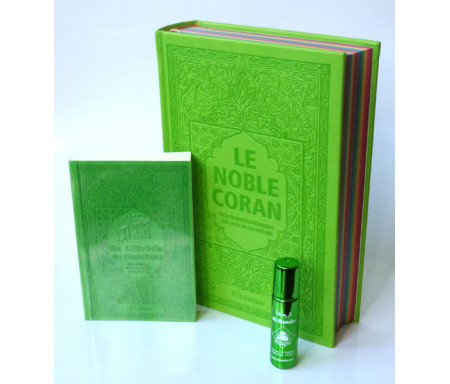 Pack Cadeau Vert : Le Noble Coran Rainbow (Arc-en-ciel) Bilingue français/arabe, La Citadelle du Musulman et parfum Al-Baraka mixte