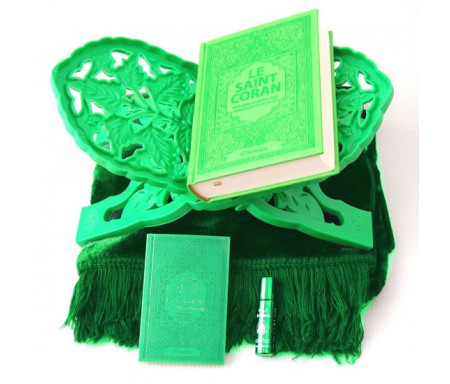 Pack Cadeau Vert : Le Saint Coran (français-arabe-phonétique), La Citadelle du musulman, Porte Coran, Tapis et Parfum de luxe