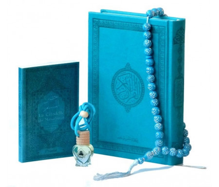 Pack Cadeaux Bleu : Le Saint Coran version arabe + La Citadelle du musulman + Diffuseur de parfum + Chapelet