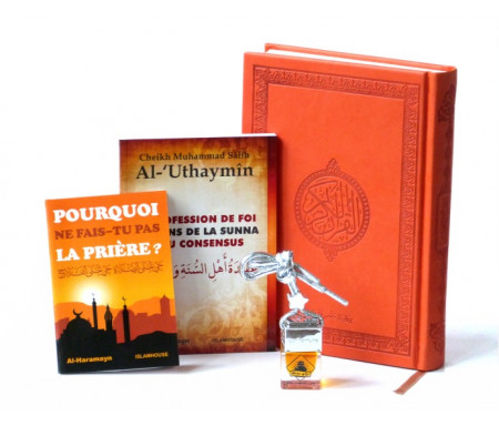 Pack Cadeaux Orange : Le Saint Coran version arabe + La profession de foi + Pourquoi ne fais-tu pas la prière + Diffuseur de parfum pour voiture