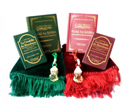 Pack double cadeaux Vert et bordeaux : Ryâd es-Salihîne, La Citadelle du Musulman, Diffuseur de parfum et Tapis