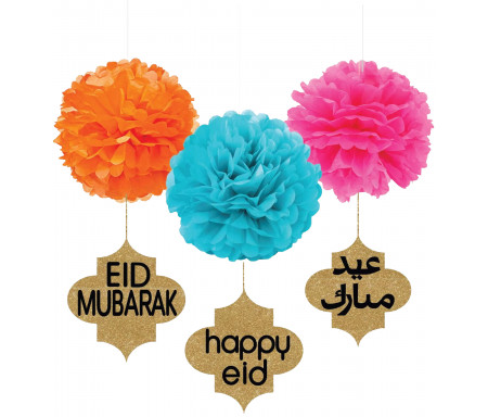 Ensemble de 3 pompons multicolores avec Médaillons de l'Eid