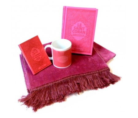 Coffret Cadeau Rose pour femme musulmane : Mug personnalisé + Le Saint Coran (fr/ar/phonétique) + La Citadelle du musulman (invocations en Islam) + Tapis de prière