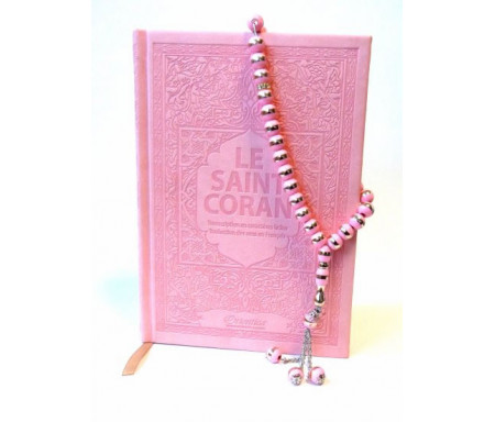 Coffret Cadeau pour femme - Pack Saint Coran (français-arabe-phonétique) et Chapelet "Sebha" de luxe rose pâle assortis