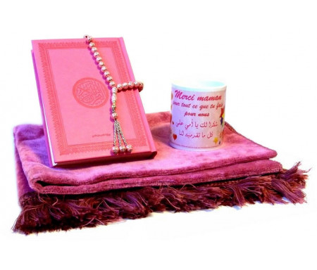 Coffret Cadeau musulman pour Maman : Tapis de prière + Coran (arabe) + Chapelet + Mug de couleur assortie rose