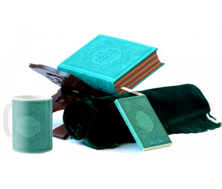 Coffret Cadeau Islam Vert-bleu pour Homme : Le Noble Coran Rainbow (Arc-en-ciel), Porte Coran, La Citadelle du Musulman,Tapis de prière et un mug personnalisé assorti