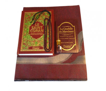 Coffret Cadeau Homme (Bordeaux) : Le Saint Coran Phonétique et La Citadelle du musulman (deux livres français arabe phonétique), Tapis, Musk pour hommes, Chapelet