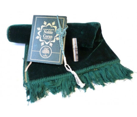 Coffret cadeau Halal : La traduction des sens du Noble Coran en langue française + Tapis en velours vert + Grand chapelet "Sebha" + Parfum concentré Musc d'Or "Silver Stars"