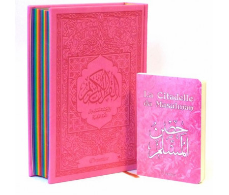 Coffret Cadeau Coran Rose pas cher : Le Saint Coran avec couleurs Arc-en-ciel + La Citadelle du Musulman