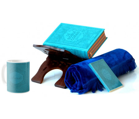 Coffret Cadeau Bleu pour Homme : Le Noble Coran Rainbow (avec couleurs Arc-en-ciel), Porte Coran, La Citadelle du Musulman,Tapis en velours et un mug personnalisé assorti