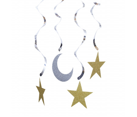 Guirlande de décoration tourbillon d'étoiles et de lunes Or et argent