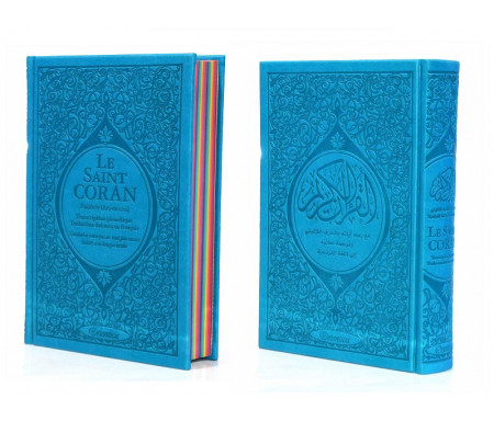 Le Saint Coran Rainbow (Arc-en-ciel) - Français/arabe avec transcription phonétique - Edition de luxe (Couverture Cuir Bleu)
