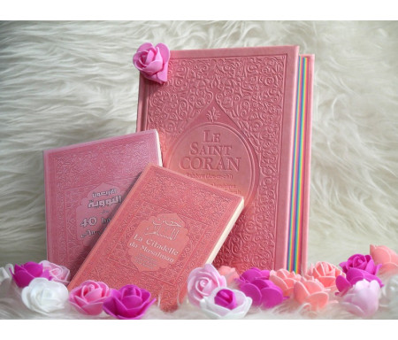 Coffret / Pack Cadeau rose clair : Le Saint Coran Rainbow (français / arabe / phonétique), Les 40 hadiths an-Nawawî et La citadelle du musulman