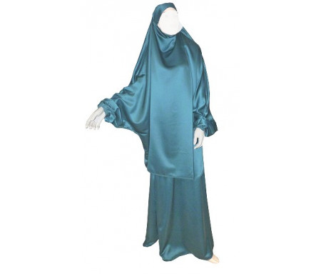 Jilbab réversible (satiné/normal) deux pièces (Cape + Jupe évasée) - Taille S/M Coloris vert foncé