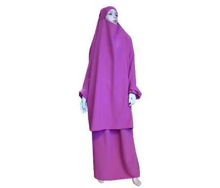 Jilbab réversible (satiné/normal) deux pièces (Cape + Jupe évasée) - Taille S/M - Coloris rose