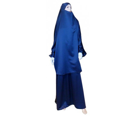 Jilbab réversible (satiné/normal) deux pièces (Cape + Jupe évasée) - Taille S/M - Coloris bleu marine