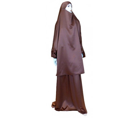 Jilbab réversible (satiné/normal) deux pièces (Cape + Jupe évasée) - Taille L/XL - Coloris marron