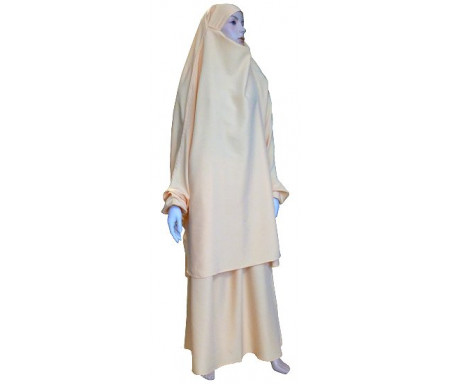 Jilbab réversible (satiné/normal) deux pièces (Cape + Jupe évasée) - Taille S/M - Couleur beige / jaune ocre