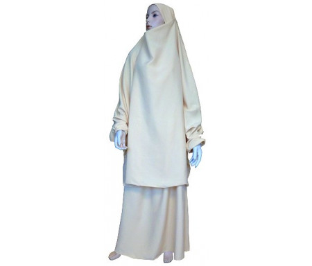 Jilbab réversible (satiné/normal) deux pièces (Cape + Jupe évasée) - Taille L/XL - Coloris beige / jaune ocre