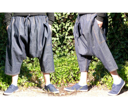 Pantalon sarouel jeans bleu marine Al-Haramayn Deluxe (Taille XL) - Modèle Cordon et poche avec fermeture zip