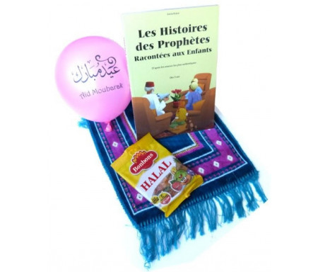 Pack Cadeau Enfant : Livre Les Histoires des Prophètes Racontées aux Enfants + Confiseries Bonbons Halal + Tapis de prière enfant + 10 ballons "Aïd Moubarak"