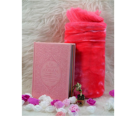 Coffret/Pack Cadeau Rose clair : Le Saint Coran Rainbow (français/arabe/phonétique), Tapis de prière et Diffuseur de parfum