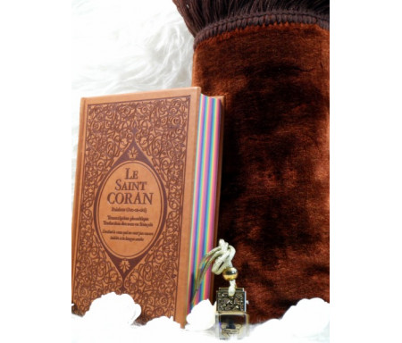 Coffret/Pack Cadeau Marron : Le Saint Coran Rainbow (français-arabe-phonétique), Tapis de prière et Diffuseur de parfum