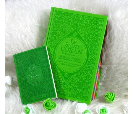 Pack Cadeau Vert clair : Le Saint Coran Rainbow et La citadelle du musulman (français/arabe/phonétique)