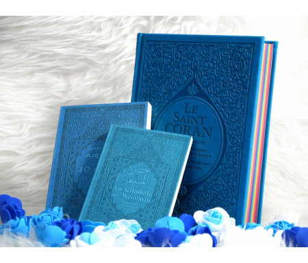 Coffret/Pack Cadeau Bleu (français/arabe/phonétique) : Le Saint Coran Rainbow, Les 40 hadiths an-Nawawî et La citadelle du musulman