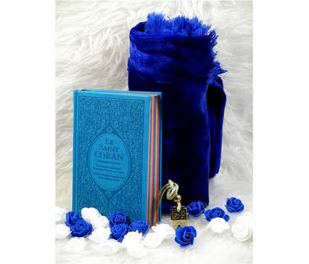 Coffret/Pack Cadeau Bleu : Le Saint Coran rainbow, Tapis de priére et un musc au choix