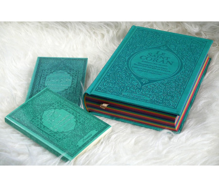 Coffret/Pack Cadeau musulman Vert-Bleu : Le Saint Coran Rainbow (arc en ciel), Chapitre Amma (Jouz' 'Ammâ) et La citadelle du musulman (français arabe phonétique)