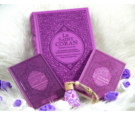 Pack Cadeau pour femme musulmane couleur mauve assorti avec : Le Saint Coran Rainbow - Chapitre Amma - La Citadelle du Musulman - Diffuseur de parfum