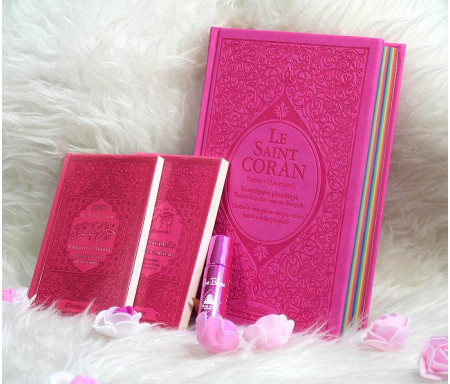 Pack Cadeau Rose pour femme musulmane (fr/ar/phonétique) : Le Saint Coran Rainbow, Chapitre Amma, La citadelle du musulman et parfum Musc Rose Bulgare