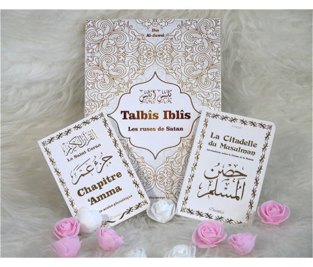 Pack Cadeau pour Musulman francophone - Trois livres : Talbîs Iblîs (Les ruses de Satan) - Le Saint Coran Chapitre 'Amma - La Citadelle du musulman - Couvertures blanches dorées
