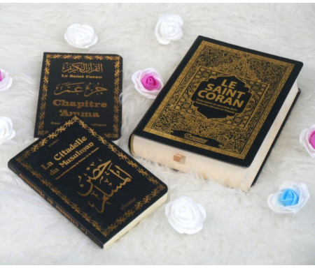 Pack Cadeau Noir doré (français/arabe/phonétique) : Le Saint Coran, Chapitre Amma (Jouz' 'Ammâ) et La citadelle du musulman