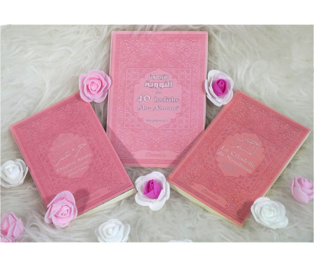 Pack/Coffret Cadeau pas cher rose couleur clair pour femme musulmane : Les 40 hadiths an-Nawawî, Chapitre Amma, La Citadelle du musulman (bilingue)