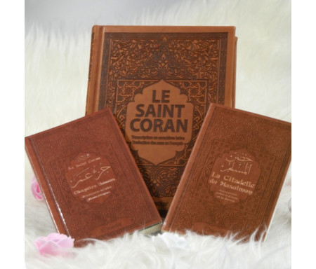 Coffret Cadeau Marron (3 livres français-arabe-phonétique) : Le Saint Coran, Jouz' 'Amma et La Citadelle du Musulman