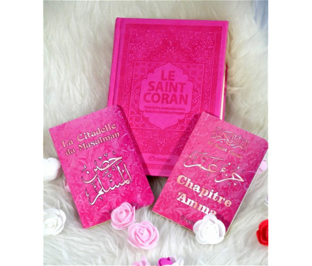 Coffret cadeau islamique rose pour femme musulmane : Le Saint Coran, Chapitre Amma et La citadelle du musulman