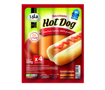 Saucisses Hot Dog Pur Volaille de Qualité 0% VSM* certifié AVS 320gr - Isla Mondial