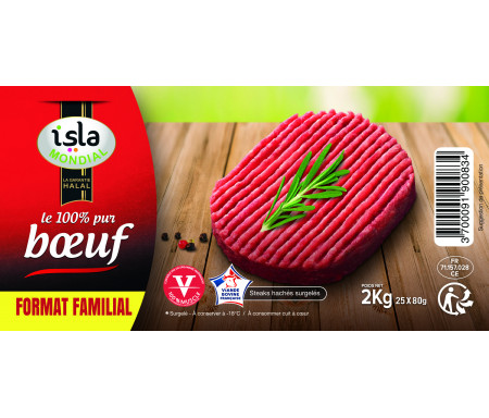 Steak Haché 100% Pur Boeuf format FAMILIAL Halal certifié AVS 2kg (25 sachets individuels) - Isla Mondial