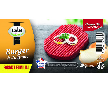 Steak Haché "Burger aux Oignons" format FAMILIAL Halal certifié AVS 2kg (25 sachets individuels) - Isla Mondial