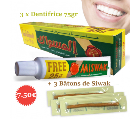 Pack Dentifrice Miswak (Meswak) Dabur 75g au Siwak + 3 Miswak / Siwak - Bâton d'arak Nature emballé sous vide