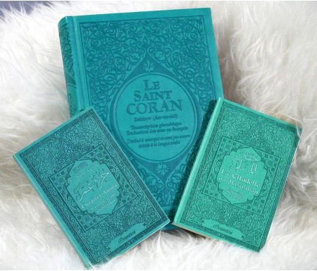 Coffret / Pack Cadeau musulman Vert-Bleu : Le Saint Coran Rainbow (arc en ciel), Chapitre Amma (Jouz' 'Ammâ) et La citadelle du musulman (français arabe phonétique)