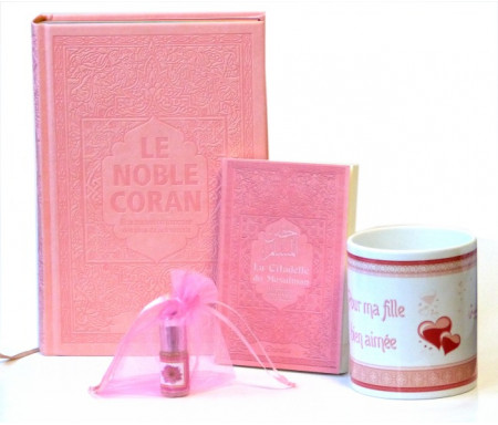 Coffret Cadeau islamique Rose pour Femme : Coran Rainbow (français / arabe) + La Citadelle + Musc pour femmes + Mug "Pour ma femme"